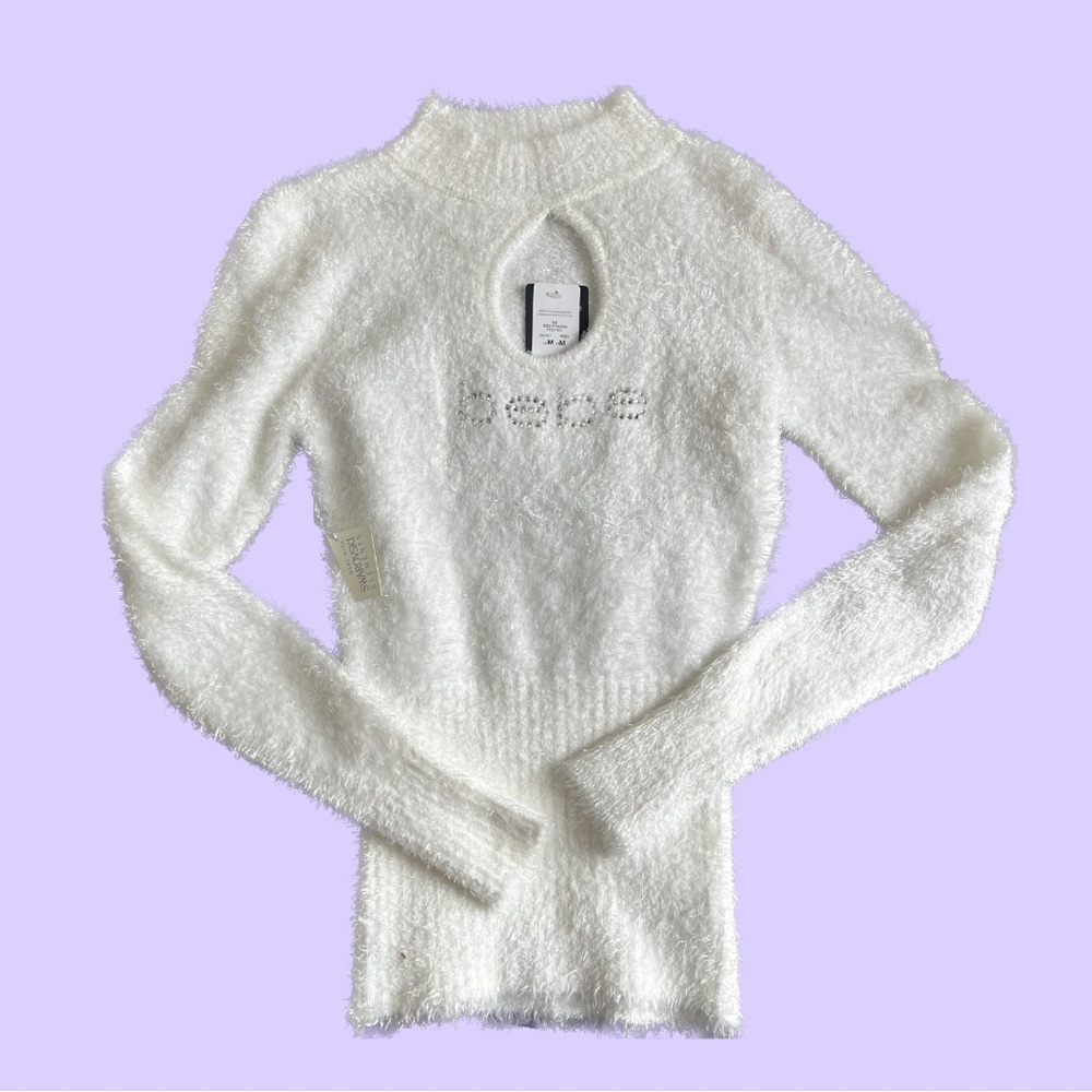 BEBE nwt Women’s Fuzzy Sweater with Logo of Swarovski Crystals!